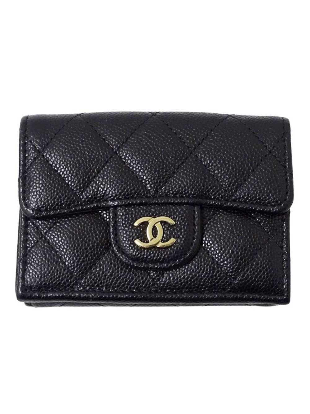 Chanel Wallet Quilted Trifold Caviar Leather Black Gold Mini Small